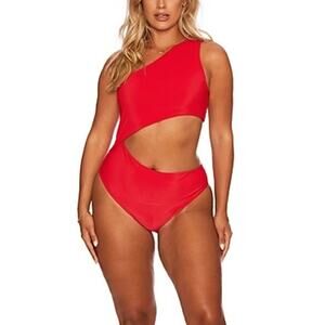 Beach Riot Celine One Shoulder Cutout One Piece Red Ribbed Swimsuit Size XL